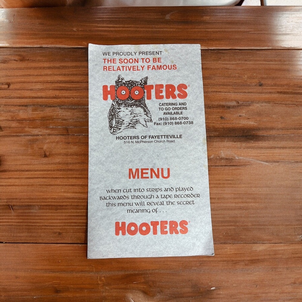 Vintage Menu Hooters Of Fayetteville‎ 1986